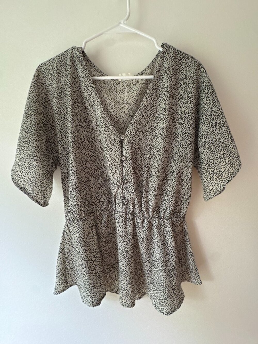 Sienna Sky Black White Dalmatian Animal Print Faux Button Peplum Blouse L